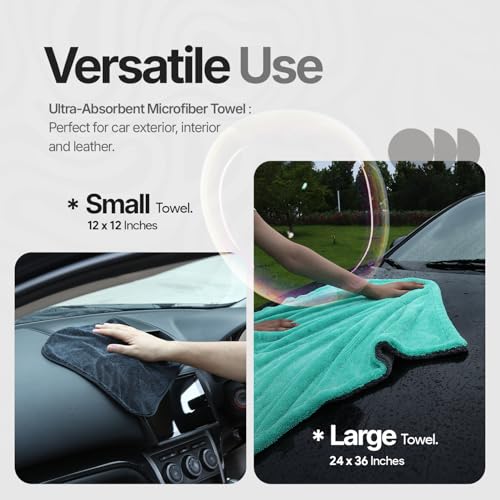 Crystal Clean 1300GSM Microfiber Towels for Cars – XL Drying Towel with Double Twisted Loop, Professional Detailing Towel Car Detailers - Quick Dry, Paint Safe & Swirl-Free (Grey+Green) - color: Grey+green