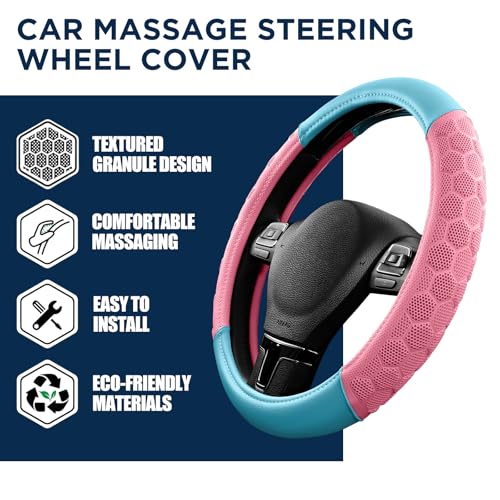 PIC AUTO Massage Steering Wheel Cover, Pink Football Pattern Material Spliced & Light Blue Leather Car Steering Wheel Cover, Car Steering Cover, Universal Fit 14.5"-15.5" for Cars, Trucks, Van, SUVs - color: Light Blue