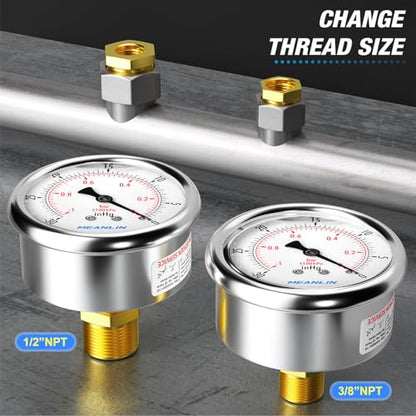 MEANLIN MEASURE -30inHG~0Psi Stainless Steel 1/4" NPT 2.5" FACE DIAL Vacuum Pressure Gauge, Center Back Mount, with 1/2" NPT and 3/8" NPT Hex Bushing - size: -30inhg-0psi