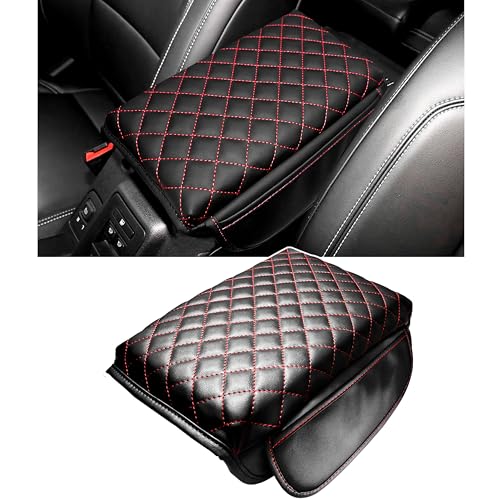1.2in Thickness Center Console Cover for Ford Bronco Accessories 2021-2023 2024 2025 2026 2/4 Door Armrest Stroage Box Protector Console Pad with Side Pockets Leather Prevent Scratch (Red) - color: Red Stitches