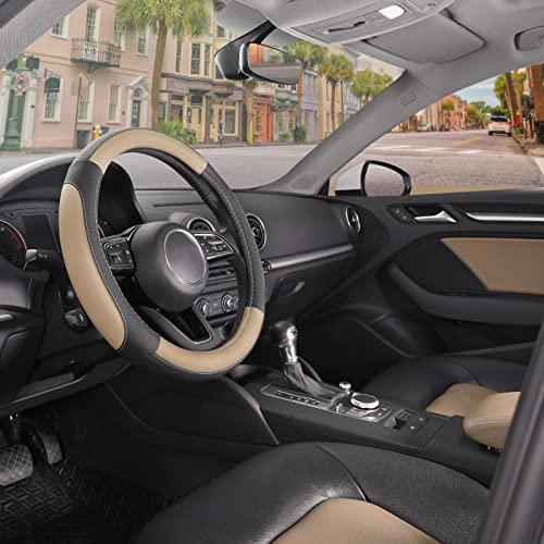 SEG Direct Car Steering Wheel Cover for Prius Civic Model 3 Model Y Camaro, Small Size 14-14.25 inch, Black and Beige Microfiber Leather - color: Black and Beige, size: Small size[14''-14 1/4'']