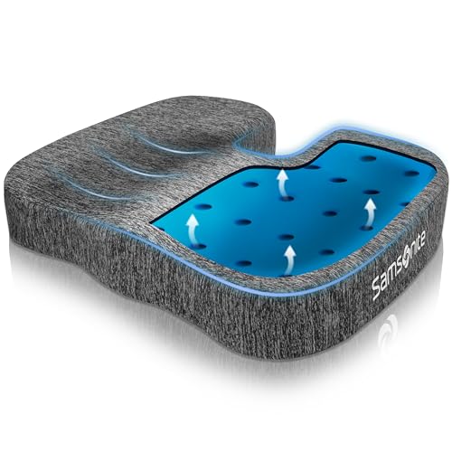 Samsonite Gel Infused Seat Cushion – Ergonomic Cushion for Office Chair, Tailbone Pressure Pad, Coccyx Support for Sciatica, Memory Foam Seat for Car, Desk, or Gaming Chair Use, Grey - color: Grey With Cooling Gel