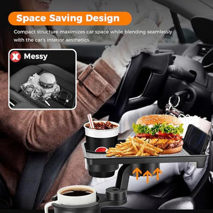 3-in-1 Car Cup Holder Tray Fits 2.6"-3.7" Inner Diameter Standard Vehicles, 10.24" Car Trays Organizer with Double Cupholders & Phone Holder for Eating, Travel