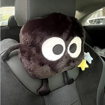 Car Headrest Pillow & Steering Wheel Cover Set with Cute Big-Eyed Furball Travel Neck Support Pillow Fur Car Interior Accessory (Black 3Pcs Set) - color: Black 3pcs Set