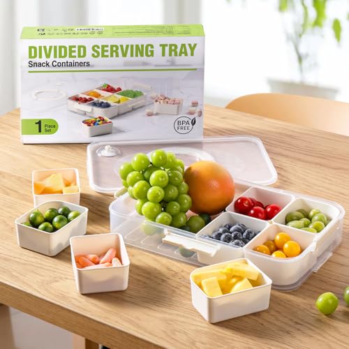 LUXEAR Divided Serving Tray with Lid and Handle Snack Box Charcuterie Container Dishwasher Safe 8 Compartment Snack Platters Portable Clear Organizer for Fruits, Candy, Snacks, Picnic, Travel - size: 1pack white