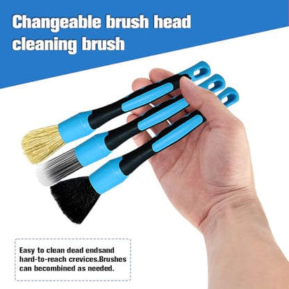3PCS Car Detailing Brush Set, Ultra Soft Scratch-Free Boar Hair Detailing Brushes with Elbow, Auto Interior Exterior Cleaning Tool for Wheel Air Vent Leather Seat, Universal Fit (Blue) - color: Blue
