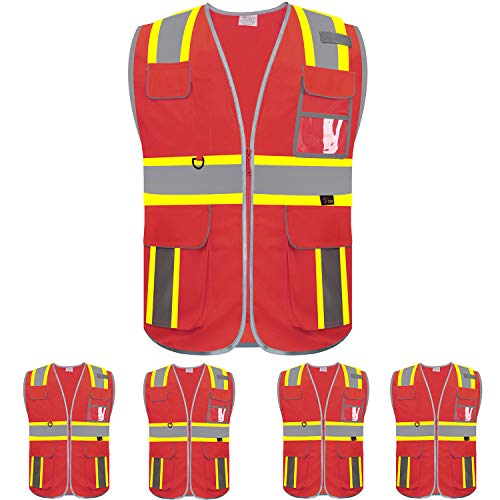 zojo High Visibility Safety Vest, 5PCS,Reflective with Multi-Functional Pockets and Zipper,for Men Women work(Red-Strip) - color: Red-strip