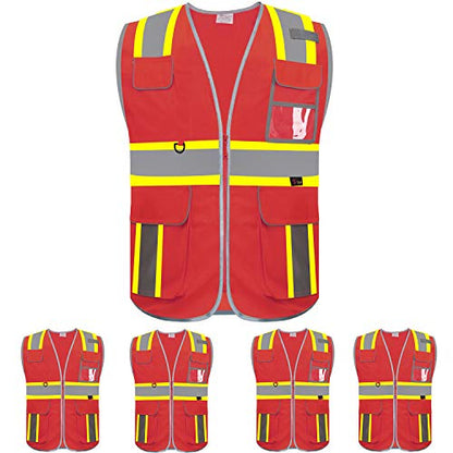 zojo High Visibility Safety Vest, 5PCS,Reflective with Multi-Functional Pockets and Zipper,for Men Women work(Red-Strip) - color: Red-strip