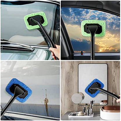 Frienda 2 Set Windshield Cleaner Tool Inside Car Windshield Cleaning Wand Auto Window Cleaner with Detachable Handle, 8 Reusable Microfiber Pads and 2 Spray Bottles for Car Interior(Blue, Green) - color: Blue, Green
