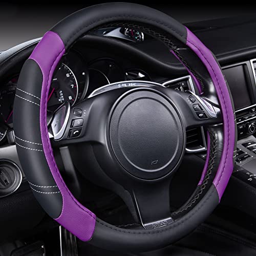 CAR PASS Line Rider Microfiber Leather Sporty 14.5-15 inch Steering Wheel Cover Universal Fits for 95% Truck,SUV,Cars, Anti-Slip Safety Comfortable Design (Black Purple) - color: Black＆Purple, size: Standard[14.5"-15"]