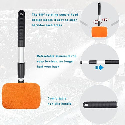 Ziciner Car Windshield Cleaner, Microfiber Auto Cleaning Wiper with Aluminum Extendable Handle and 2 Washable Reusable Cloth Pad Head, Vehicle Interior Exterior Cleaner Kit (Orange-Rectangle) - size: Orange-rectangle