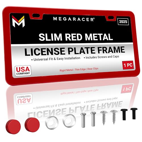 Premium Slim Red License Plate Frame – 1 Piece, Rust-Free Stainless Steel, Street Legal & Rattle-Free, Universal Fit with Screw Caps, Sleek Thin Metal Front or Rear Car Tag Holder for Men & Women - color: Red, size: 1 Piece