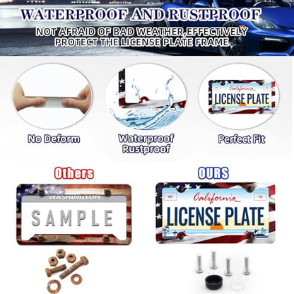 LIN KANG American Flag License Plate Frame Holder - 2 Pack Patriotic Universal Aluminum Matte Stripe US Flag Gloss Car Plate Frame Covers with 4 Holes and Screws Fasteners Caps - color: Matte American flag 4 Holes A
