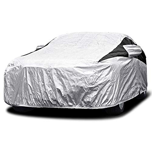 Titan Premium Multi-Layer PEVA Car Cover for Hatchbacks 165-181". Waterproof, UV Protection, Anti-Scratch Protective Lining, Driver-Side Zippered Opening. Fits Prius, Focus, Civic and More. - color: Silver with Black Stripe, size: Hatchback (165-181" long