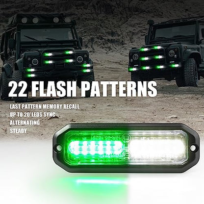 WINECO Green/White 8pcs Ultra Slim LED Emergency Strobe Police Lights, Surface Mount Grill Grille Hazard Safty Warning Flashing Light for Volunteer Trucks Vehicles - color: Green/White