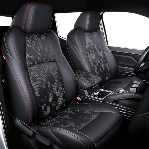 Leather Seat Covers Custom Fit for 2024-2026 Tacoma Gen 4th Double Cab - Fully Covered - Fit Like a Glove - Center Console Armrest Covers Included - Camouflage Black & Red Stitching - color: ( CamoBlack-Red Stitching ) & Full Set, size: For Tacoma Gen 4th