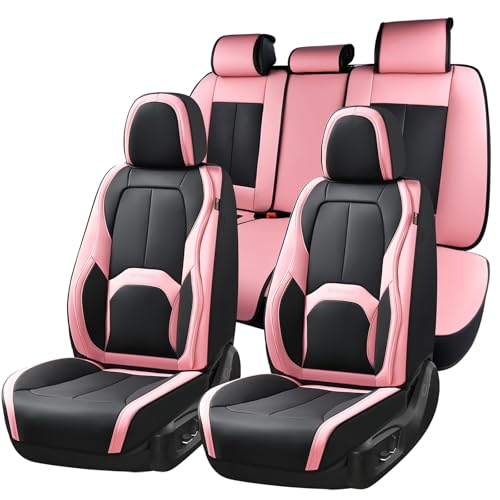 Coverado Car Seat Covers Full Set, Waterproof Nappa Leather Seat Covers for Car, Car Seat Protector with Lumbar Support, Automotive Seat Covers Universal Fit for Most Cars SUV Trucks, (Black&Pink) - color: A-Black&Pink, size: Fullset