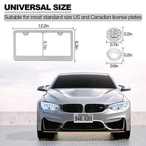 FIISFIIS Bling License Plate Frame for Women,2 Pack Premium Stainless Steel Rhinestone Car License Plate Holder,Handmade Glitter Crystal Diamond Girl Lincense Plate Cover ,Bedazzled Sparkly Caps-White - color: White