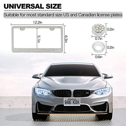 FIISFIIS Bling License Plate Frame for Women,2 Pack Premium Stainless Steel Rhinestone Car License Plate Holder,Handmade Glitter Crystal Diamond Girl Lincense Plate Cover ,Bedazzled Sparkly Caps-White - color: White