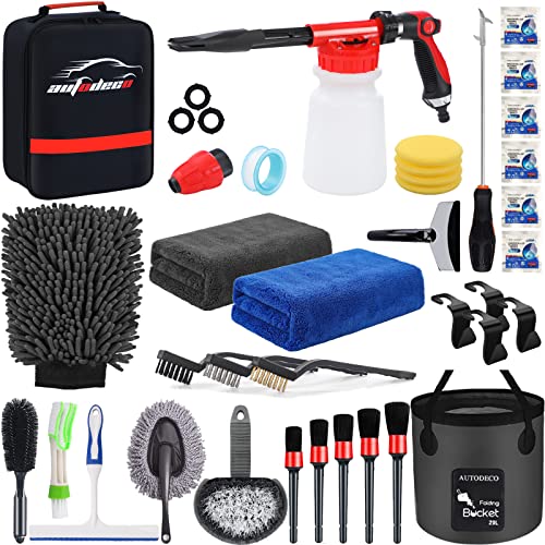 35Pcs Car Wash Detailing Kit Cleaning Kits with Foam Gun Sprayer Collapsible Bucket Brush Large Wash Mitt Towels Complete Interior Exterior Car Washing Supply Set Black - color: Black, size: 35Pcs
