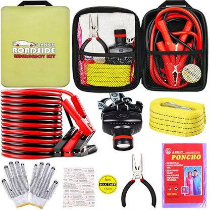 LIANXIN Car Emergency Roadside Tool Kit, Auto Emergency Kits Vehicles, with Jumper Cables kit，Car Safety Roadside Assistance Kit,Headlamp,Tow Straps,Needle Nose Pliers,Rainwear,Gloves.Matcha Green - color: Matcha Green