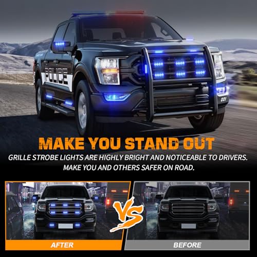 XRIDONSEN 8PCS Sync Blue Grill Emergency Lights 32 LED Grille Surface Mount Firefighter Police Lights Strobe Flashing Warning Safety Hazard First Responder Light for Vehicles Firefighters POV Trucks - color: Blue