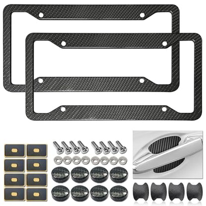 Carbon Fiber License Plate Frames- Black Carbon Pattern Aluminum Front & Rear Car Tag Holder Cover 2 Pack with Mount Hardware, Screws, Caps, Handlebar Stickers - style: Carbon Fiber-Aluminum-4 Hole