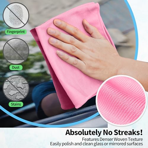 Microfiber Cleaning Cloth - 10 Pack Glasses Cleaning Cloth, 16" x 14" Window Cleaning Rags, Streak Free Lint Free Polishing Cloths Wipes for Eye Glass, Stainless Steel, Windshield, Pink - color: Pink, size: 10 Pk-16" X 14"