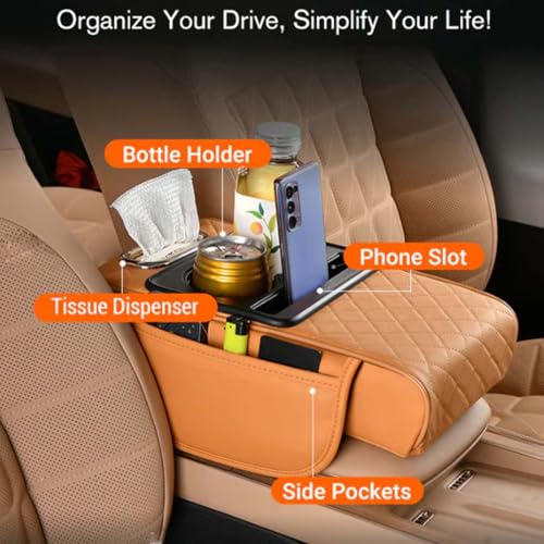 2026 Multifunctional PU Leather Car Armrest Box Mat,5-in-1 Center Console Cover with Cup Holder with 2 Storage Bags,Tissue Box Slot, Phone Slot,Universal Car Armrest Storage Bag (Red) - color: Red