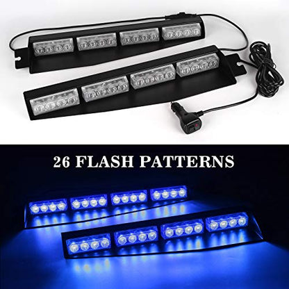 ASPL 32LED Visor Lights 26 Flash Patterns Windshield Emergency Hazard Warning Strobe Beacon Split Mount Deck Dash Lamp With Extend Bracket (Blue) - color: Blue