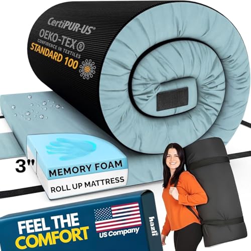 Hazli Matrix AirCell Memory Foam Camping Mattress Pad - CertiPUR-US Roll Up Mattress for Adults - Portable Foam Sleeping Mats for Camping - Camp Cot Sleeping Pad - Floor Sleep Mat Bed Roll for Car RV - color: Blue, size: Single 75"x30"x3"