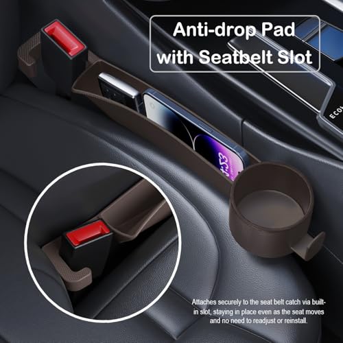 Car Seat Gap Plug with Storage Slot, Auto Gap Filler Organizer with Cup Holder, Universal Carseat Side Gap Filler Strip 2 Pack Between Front Seats & Console, Anti-Drop Pad with Seatbelt Holes, Brown - color: Brown, Cup Holder & Hook