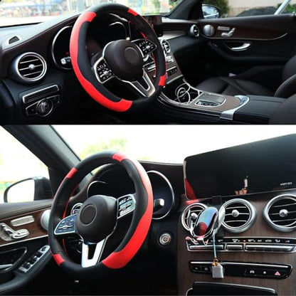 Black and Red Steering Wheel Cover Microfiber Leather Sporty Car Accessories for Men and Women,Breathable Non-Slip Universal Fit 14 1/2-15 Inch - color: Black+Red
