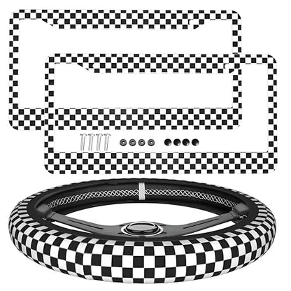 Checkerboard License Plate Frame Black White Checkerboard Steering Wheel Cover Cars Decor Aluminum Checkerboards Plate Frame with Fits Standard Us Ca Vehicles - color: Checkerboard