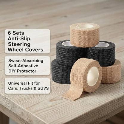6 Sets of Anti-Slip, Sweat-Absorbing self-Adhesive Steering Wheel Covers, Universal DIY Steering Wheel Protectors, Enhancing Comfort, Suitable for Cars, Trucks, and SUVs (Black & Skin)
