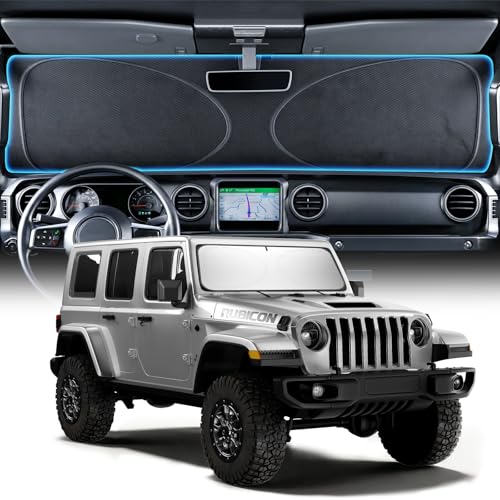 Upgraded Windshield Sun Shade for Jeep Wrangler 2000-2026 and Gladiator [Super Heat Insulation, 99.9% Sun Protection] Foldable Sunshade with Storage Bag, Car Accessories, XS (59 x 21 in) - size: Xs | 59"l X 21"w
