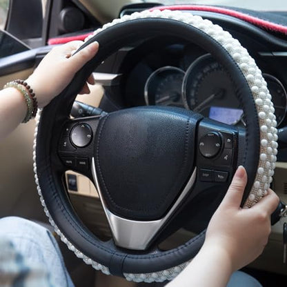 Leather Bling Steering Wheel Cover Women Rhinestone White Soft Comfortable Glitter Sparkly Universal 15 inch Steering Wheel Cover Non-Slip Car Accessories - color: Pearl White