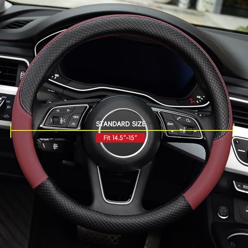 LABBYWAY Steering Wheel Cover, Universal Fit 15 Inch Microfiber Leather Car Wheel Protector, Anti-Slip, Claret - color: black&claret