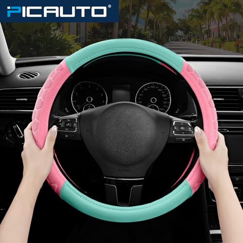 PIC AUTO Massage Steering Wheel Cover, Pink Football Pattern Material Spliced & Light Green Leather Car Steering Wheel Cover, Car Steering Cover, Universal Fit 14.5"-15.5" for Cars, Trucks, Van, SUVs - color: Light Green