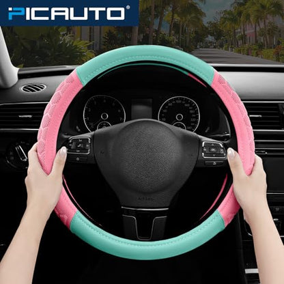 PIC AUTO Massage Steering Wheel Cover, Pink Football Pattern Material Spliced & Light Green Leather Car Steering Wheel Cover, Car Steering Cover, Universal Fit 14.5"-15.5" for Cars, Trucks, Van, SUVs - color: Light Green