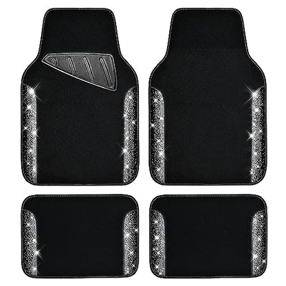 CAR PASS Bling Car Mats Shining Diamond Carpet Crystal Rhinestone Sparkly Glitter Floor Mats with Anti-Slip PVC Pad Universal Fit Automotive SUV,Sedan,Van,4pcs for Girl Women, Black Sliver Diamond - color: AB Silver