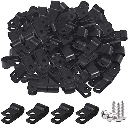 Glarks 60Pcs 1/4 Inch Black Nylon Screw Mounting R-Type Cable Clip Wire Clamp Kit with Screws for Wire, Conduit and Cable Conduit - size: 1/4''(6mm)