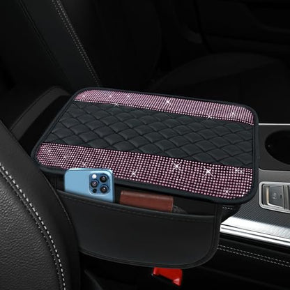 Bling Leather Car Center Console Cover, 12.2"×7.48" Crystal Rhinestone Automotive Arm Rest Cover with Side Pockets, Universal Vehicle Armrest Protector, Interior Car Accessories (Pink) - color: Pink