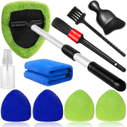 Qydipclin 10pcs Windshield Cleaning Tool Inside Car Window Cleaner Wash Kit with 4 Reusable Microfiber Pads 1 Spray Bottle and Extendable Handle Interior Auto Glass Wiper Kit, Blue&Green - color: Blue & Green