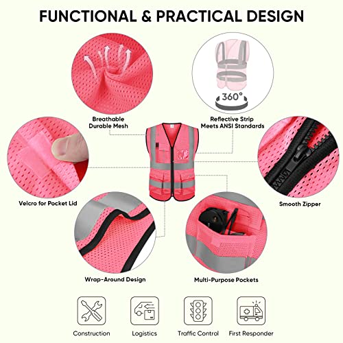 TICONN Reflective Safety Vest High Visibility Class II Mesh Vest for Women & Men Meets ANSI Standards - color: Pink, size: Large