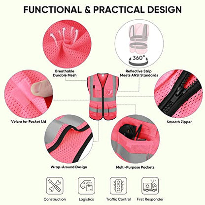 TICONN Reflective Safety Vest High Visibility Class II Mesh Vest for Women & Men Meets ANSI Standards - color: Pink, size: Large