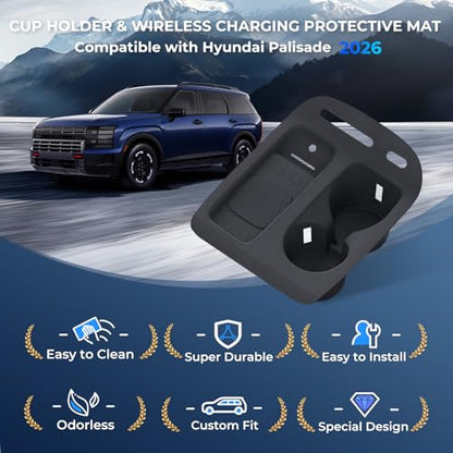 Cup Holder Insert & Wireless Charging Protective Mat for Hyundai Palisade 2026, Center Console Interior Accessories Cup Holders & Wireless Charger Cover Pad for 2026 Palisade, Black - style: Fits for Hyundai Palisade 2026