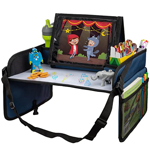 Lusso Gear Kids Travel Tray for Car - Road Trip Essentials for Kids - Car Seat Tray for Travel - Toddler Travel Lap Desk and Organizer - Holds Snacks, Water Bottle, Toys (Blue) - color: Blue