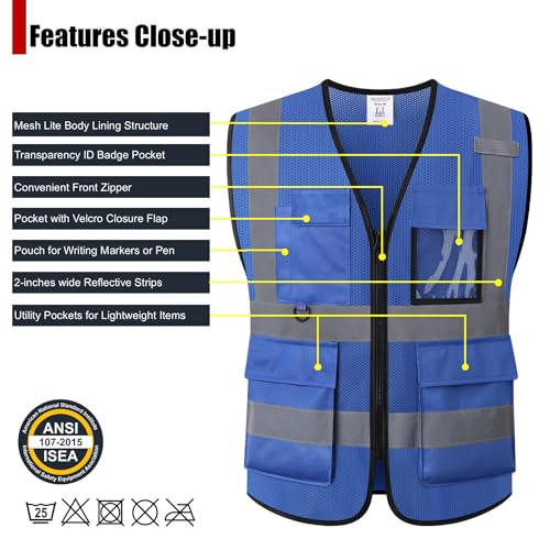Safety Vest for Men Women Hi Vis Vest with Pockets Mesh High Visibility Vests Meets ANSI/ISEA Standards - color: 20-blue, size: Medium