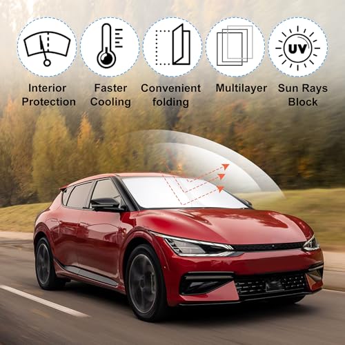 Windshield Sun Shade Custom Fit 2022 2023 2024 2025 2026 Kia EV6 Accessories Foldable Sunshade Sun Blocker Front Window Shades Covers Keep Car Cooler - size: For Kia EV6 2022-2026